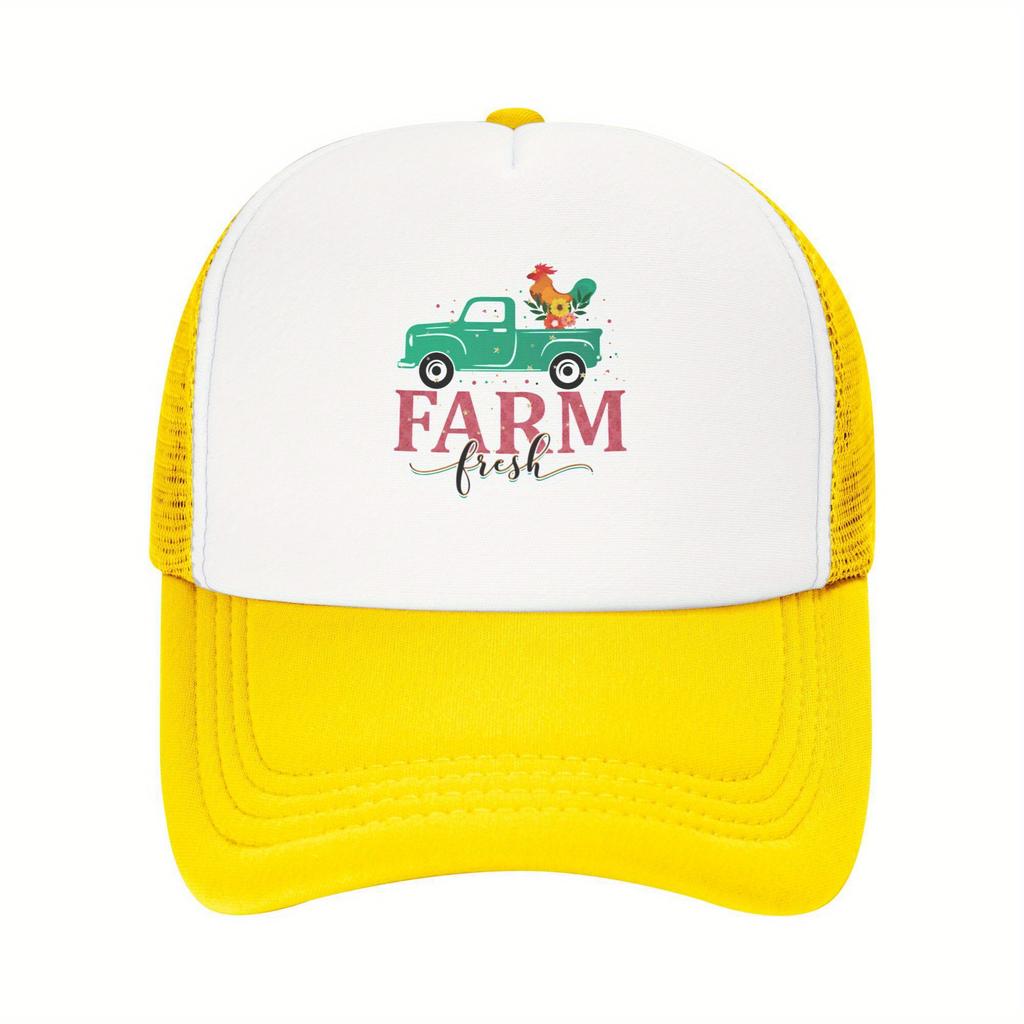 Farm Fresh Truck Rooster Graphic Trucker Hat Polyester Mesh Breathable Casual Unisex Cap