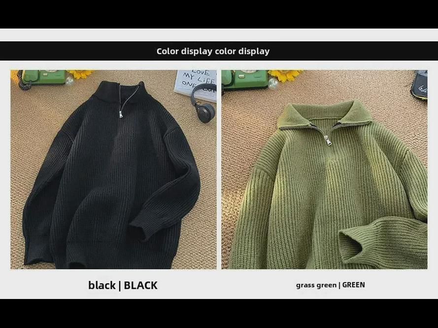 Trendy Men's Half Turtleneck Knitted Sweater: Loose, Solid Color, Casual, Autumn/Winter Style
