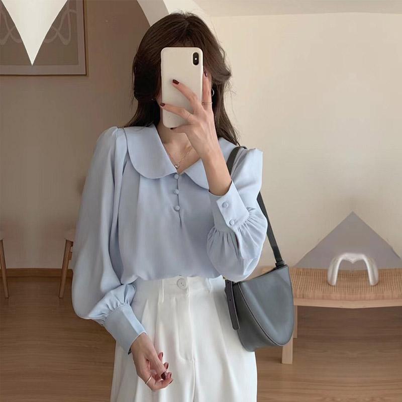 חולצת וינטג' לנשים צרפתי מתוק צווארון תינוק חולצה יומית טמפרמנט נסיעה יומית חולצה לנשים