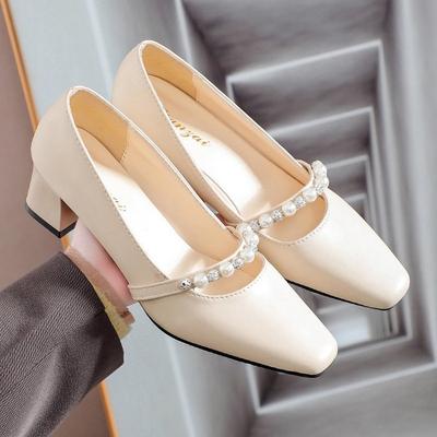 Hochwertige weiche bequeme Kleiderschuhe Damen echtes Leder Perlen Schnalle Slipper Pumps eckige Zehenpartie eleganter Damenstil