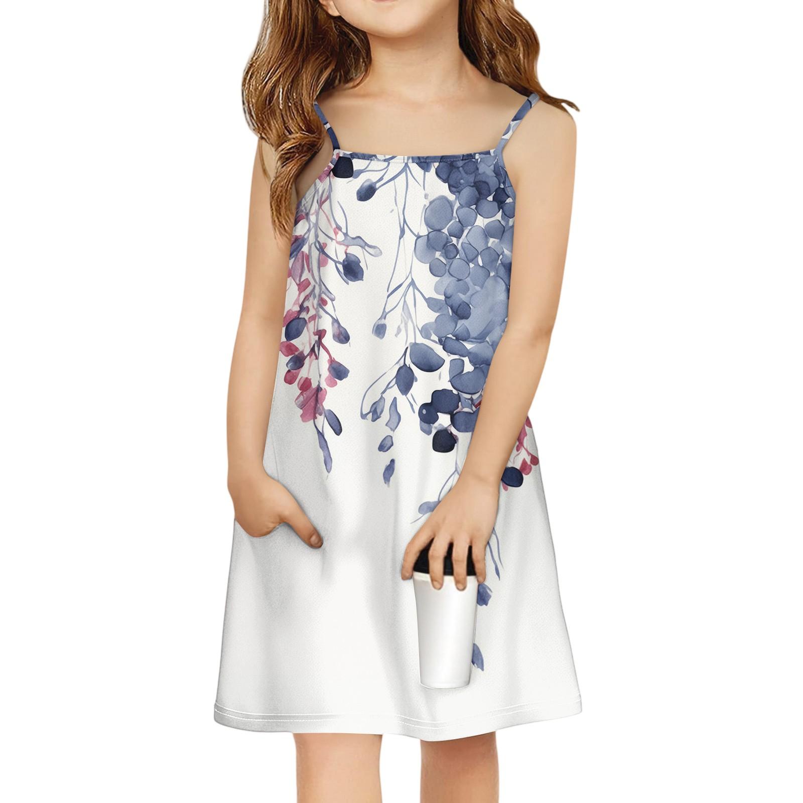 Children s Sleeveless Square Neck Summer A-Line Casual Holiday Floral Suspender Dress 165
