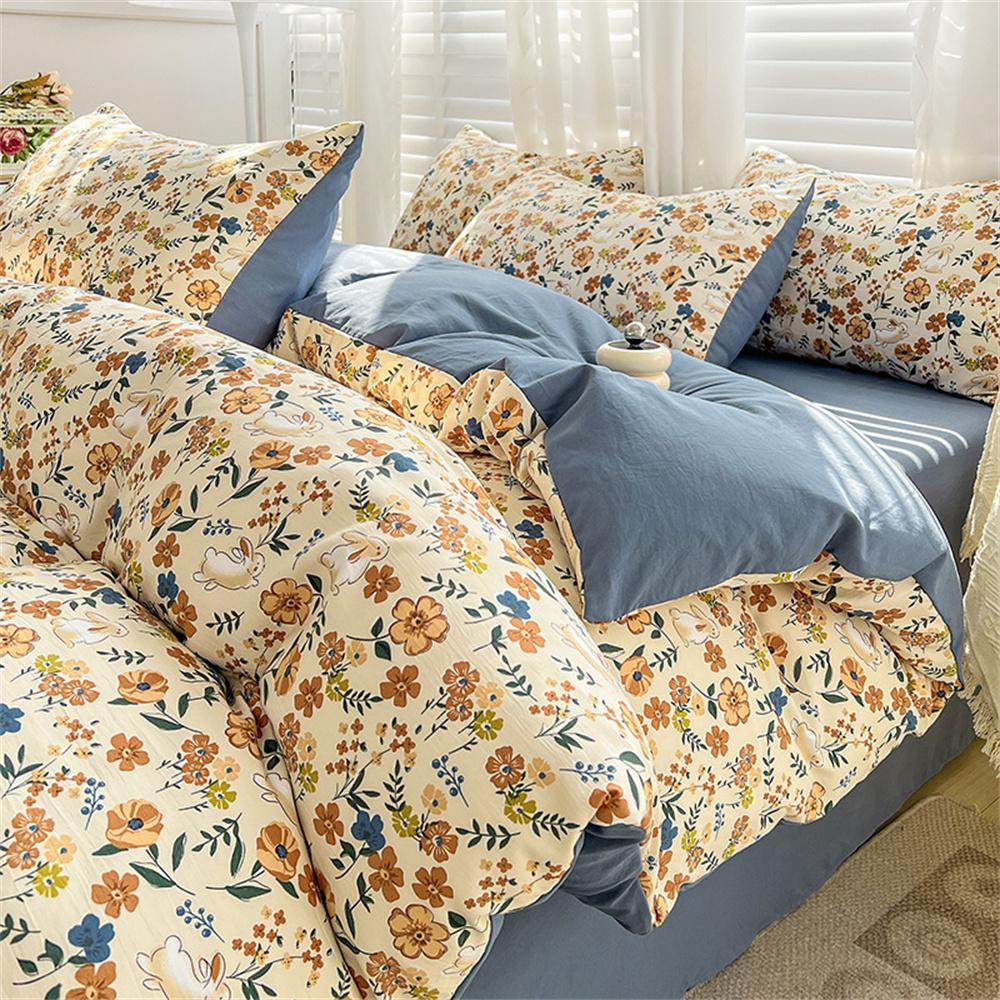Four-piece Bedding Set Simple Duvet Cover Plant Flower Bed Sheet Adults and Kids Washed Cotton Pillowcase Home Textiles