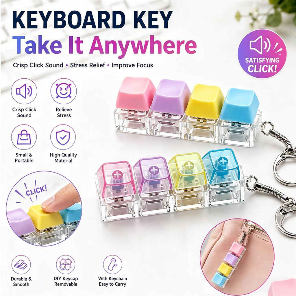 NEW Keyboard Keychain Fidget Toy, Crystal Clicker Sensory Toy for Stress Relief, Keyboard Keychain Fidget Gadget for Adults Kids