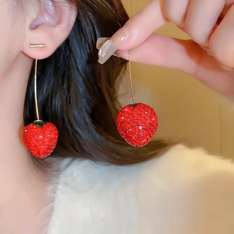 Fashion Sweet Red Resin Strawberry Cherry Drop Earrings For Women Cute Lovely Acrylic Fruit Earrings Zircon Accessories
