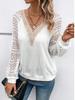 Women V Neck Long Sleeve Top with Lace Patchwork Design Casual Loose Fit Pullover Blouse for Daily Wear Work Office