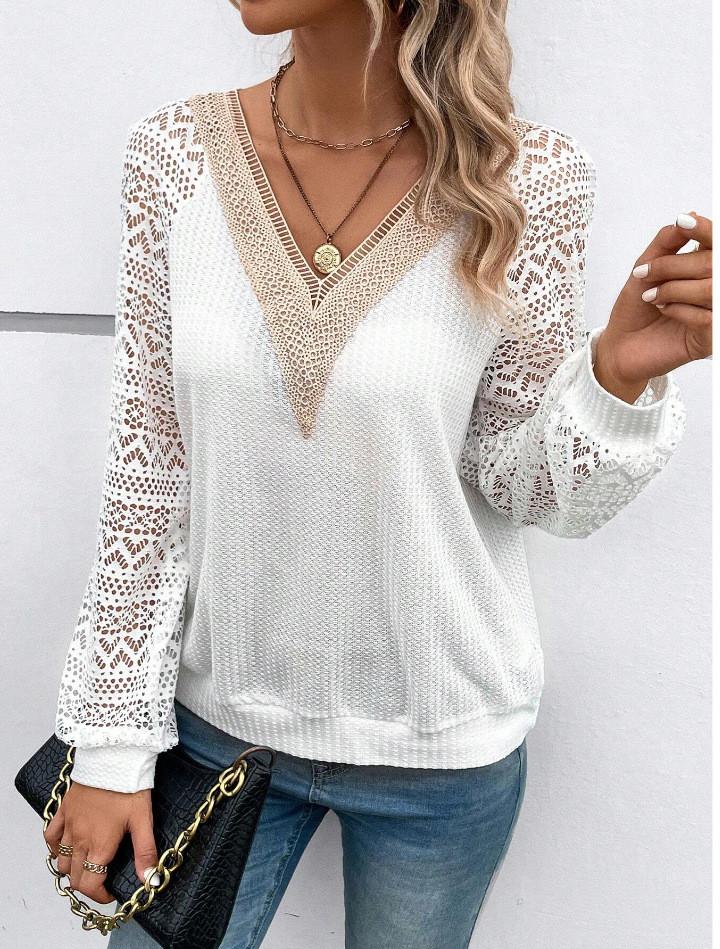 Women V Neck Long Sleeve Top with Lace Patchwork Design Casual Loose Fit Pullover Blouse for Daily Wear Work Office