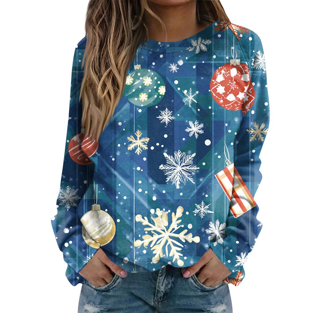 Women's Fashion Casual Long Sleeve Christmas Printed Neck Sweatshirt Top