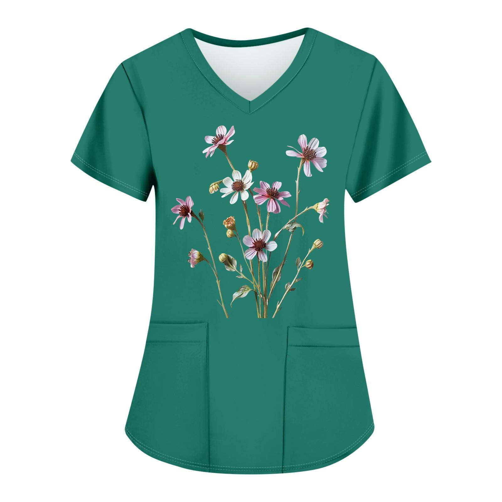 

Женские модные топы с короткими рукавами и V-образным вырезом с принтом, рабочие футболки с карманами XXL зелёный