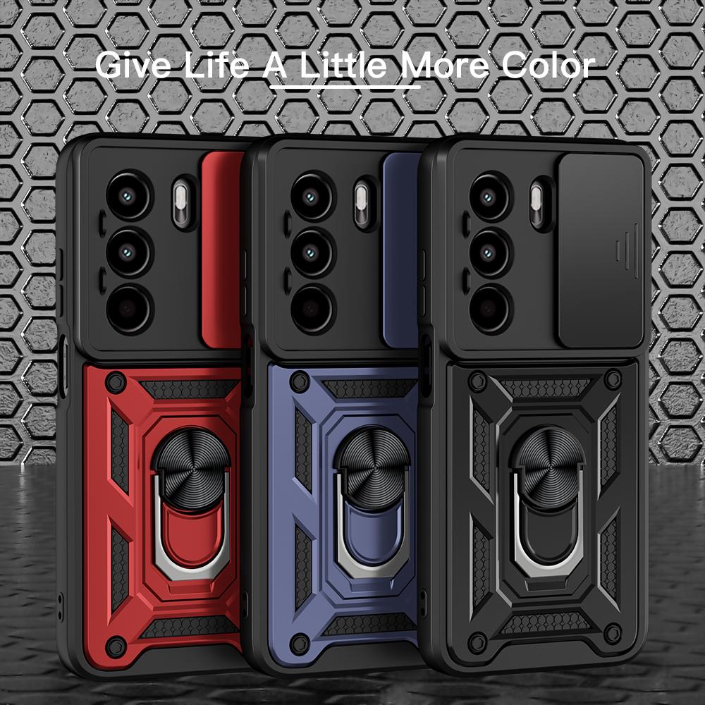 KEYSION Nárazuvzdorné pouzdro Armor pro Itel Power 70 s posuvným krytem objektivu fotoaparátu, kroužkem pro ochranu objektivu, stojánkem a zadním krytem telefonu pro Itel Power 70 4G