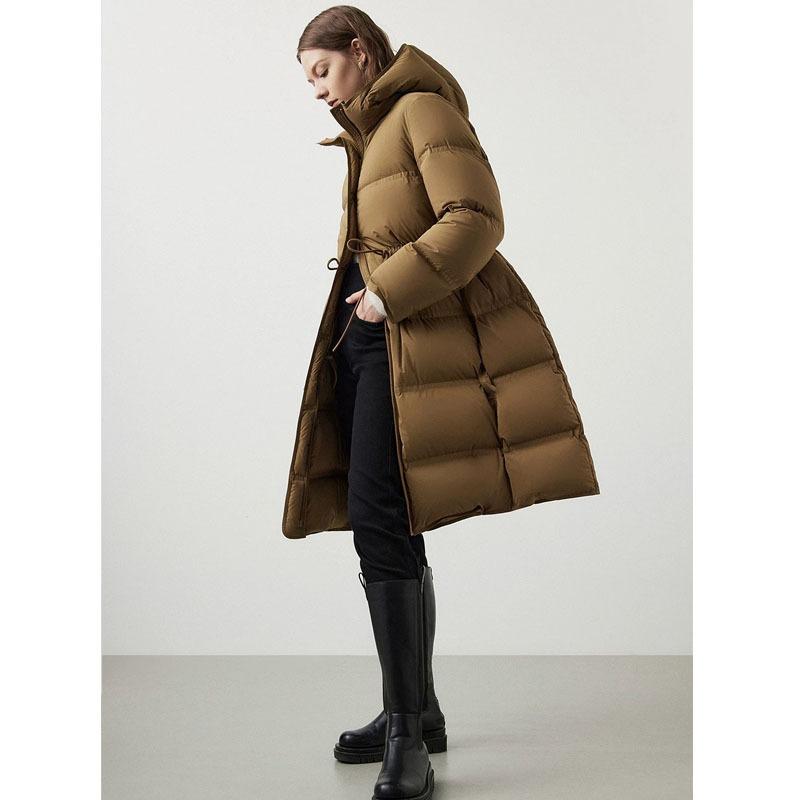 Autumn and winter new fashion hooded down jacket women's winter medium and long new waist rope drawstring to keep warm