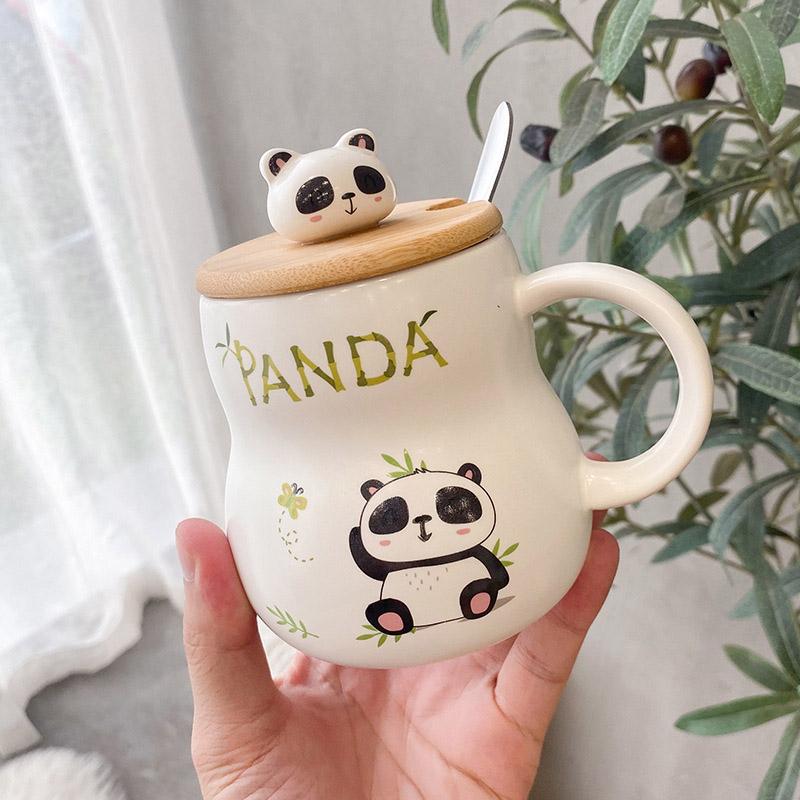 Roztomilý kreslený panda Keramický hrnek 400ml S víčkem a lžičkou Kávové hrnky Hrnky na mléčný čaj Snídaňový šálek Nápojové sklo Novinka Dárky