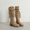 Boots Women's retro fringed woven wasteland knight boots 2025 autumn and winter new thick heel pleated thin boots long tube