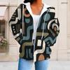 Women Plus Size Zip Up Hooded Sweatshirt Long Sleeve Abstract Geometric Print Drawstring Hood With Pockets
