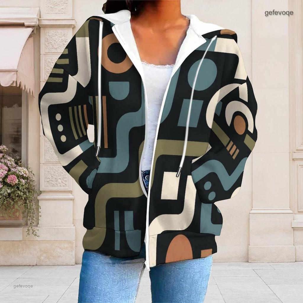 Women Plus Size Zip Up Hooded Sweatshirt Long Sleeve Abstract Geometric Print Drawstring Hood With Pockets