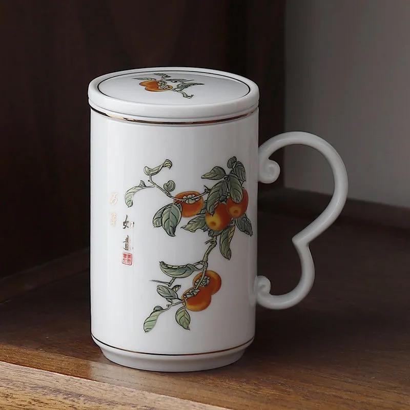 Hand-painted Landscape Pattern Series Tea Water Separating Ceramic Office goat fat Jade Porcelain Belt Cover Filter Mug, Tea Cup