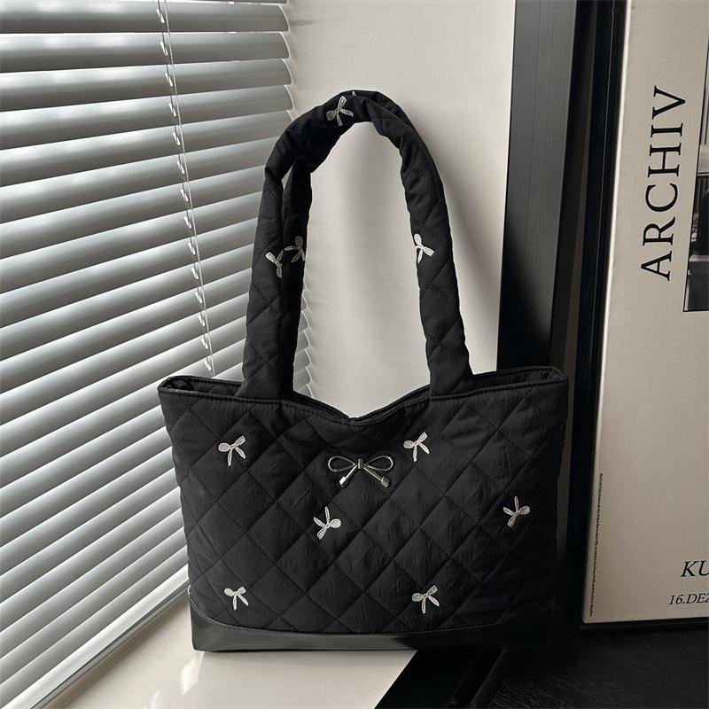 

Casual Bow Patchwork Women s Shoulder Bags College Style Large Capacity Ladies Tote Bag Simple Quilted Design Female Handbags чёрный