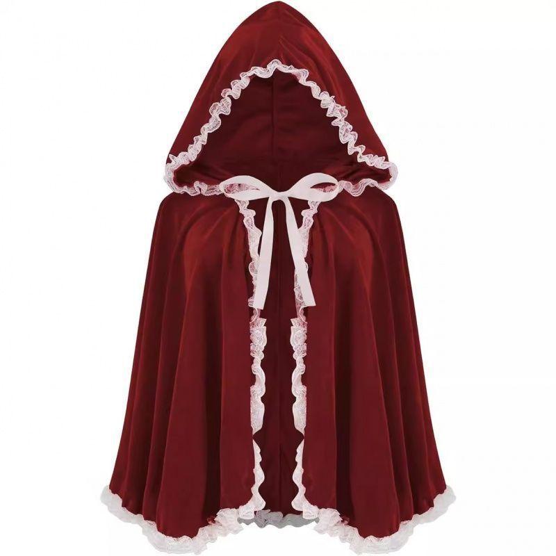 Women's Red Hooded Cape Halloween Cloak Lace Trim Short Stage Costume Coat
