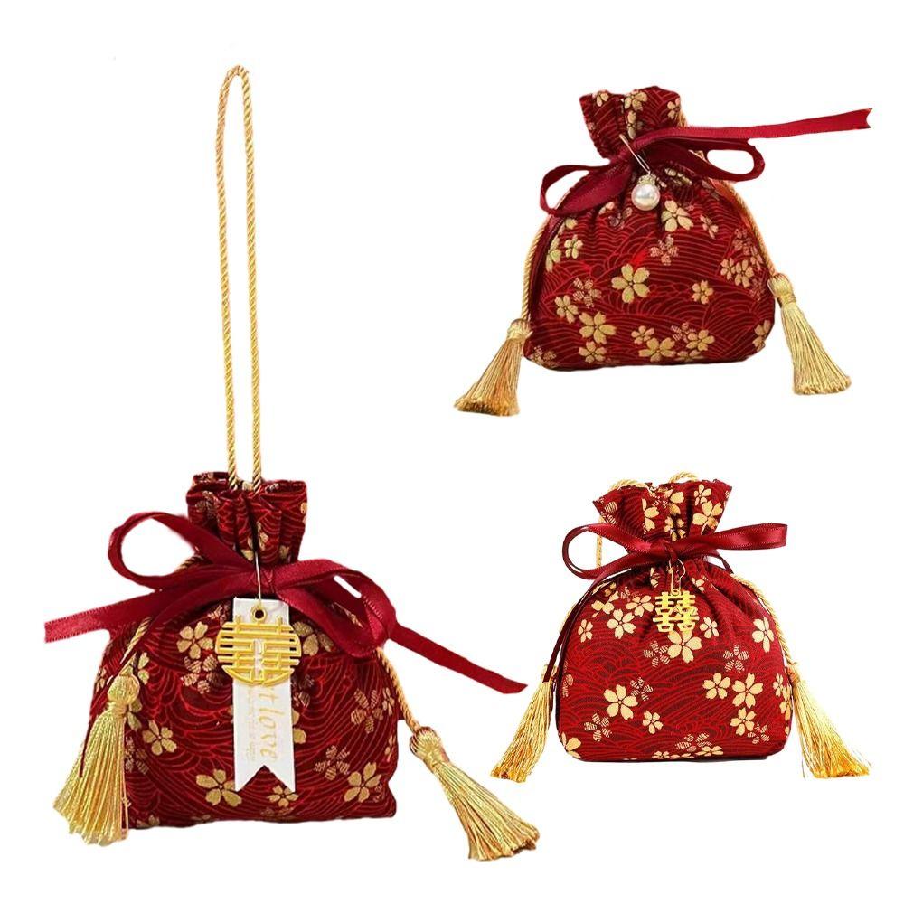 Stripe Canvas Flower Drawstring Bag Sakura Wedding Candy Bag Portable Ribbon Bow Wrist Bag  Party