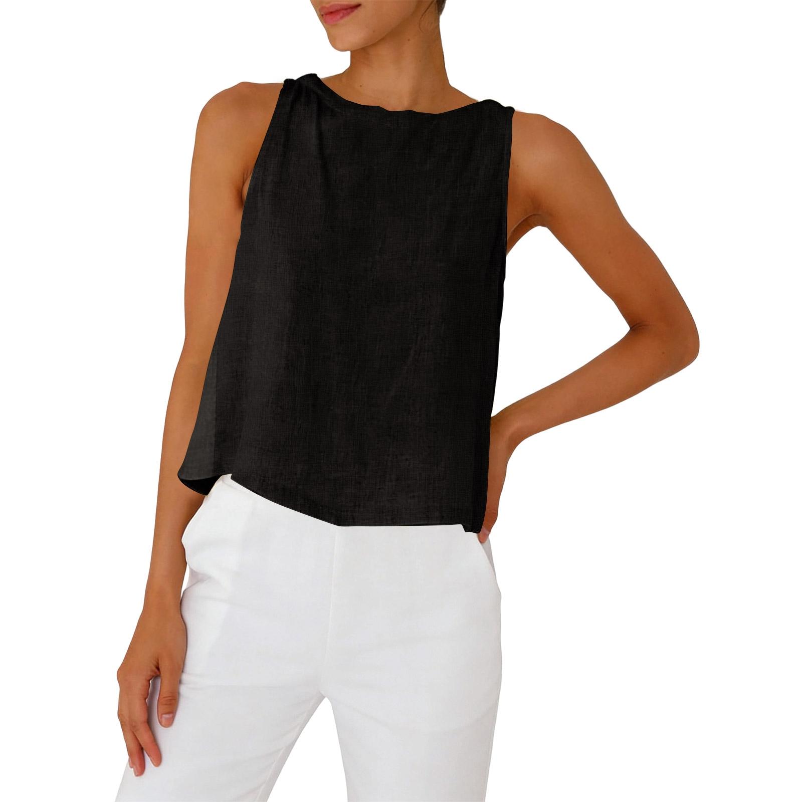 Женская модная льняная рубашка без рукавов с круглым вырезом Льняная одежда Жилет без рукавов L чёрный