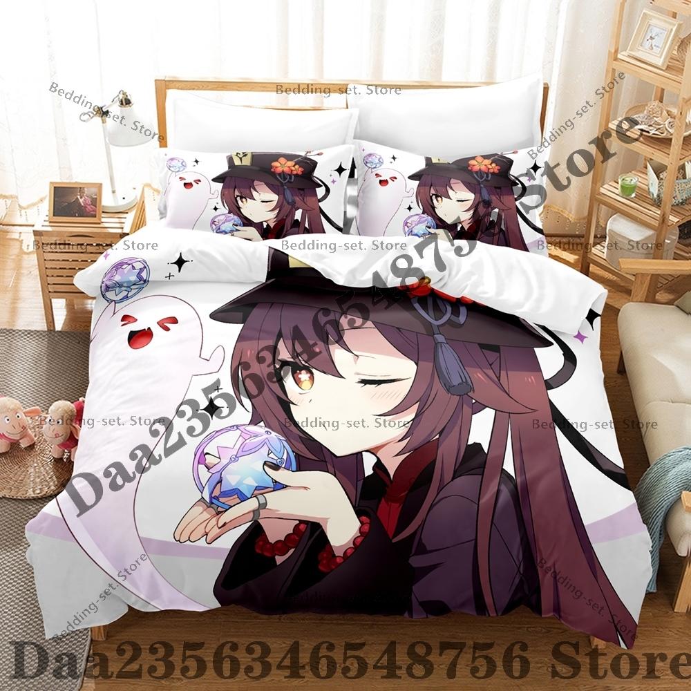 Personality Anime Hu Tao Bedding Set AniThree Piece Bedding Set - Luxury Comforter Set with Queen King Size Including pillowcase