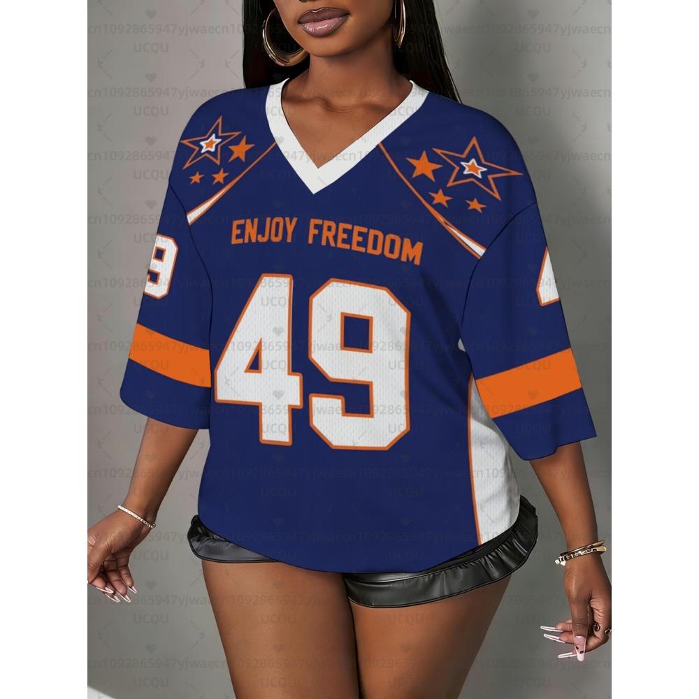 Women's Enjoy Freedom NO.49 Print V-Neck Short Sleeve T-Shirt Summer Graphic Tee Baseball Jerseys Plus Size Sport T-Shirt