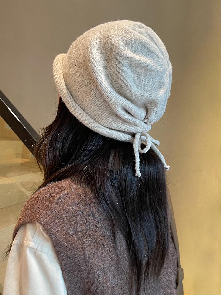 Pile Hats Female Autumn and Winter Show Face Small Bag Head Cold Hat Big Head Circumference Drawstring Crimped Knitted Wool Hat