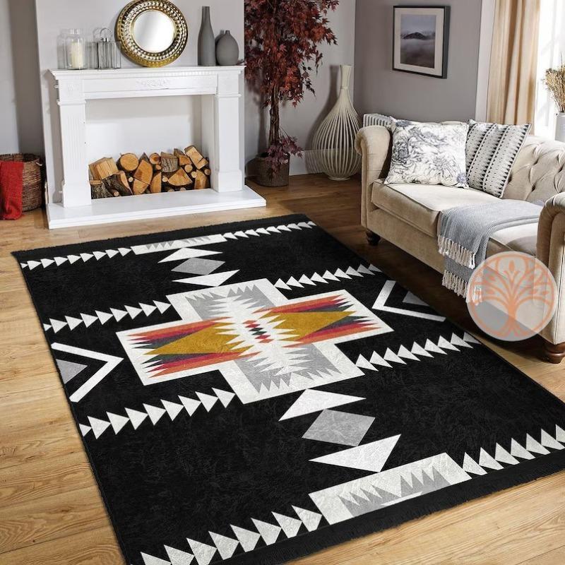 Aztec Fringed Geometric Carpet Mat Rug Symmetric Pattern  Ethnic Traditional Home Decoration for Living Room Non-slip Indoor Rug
