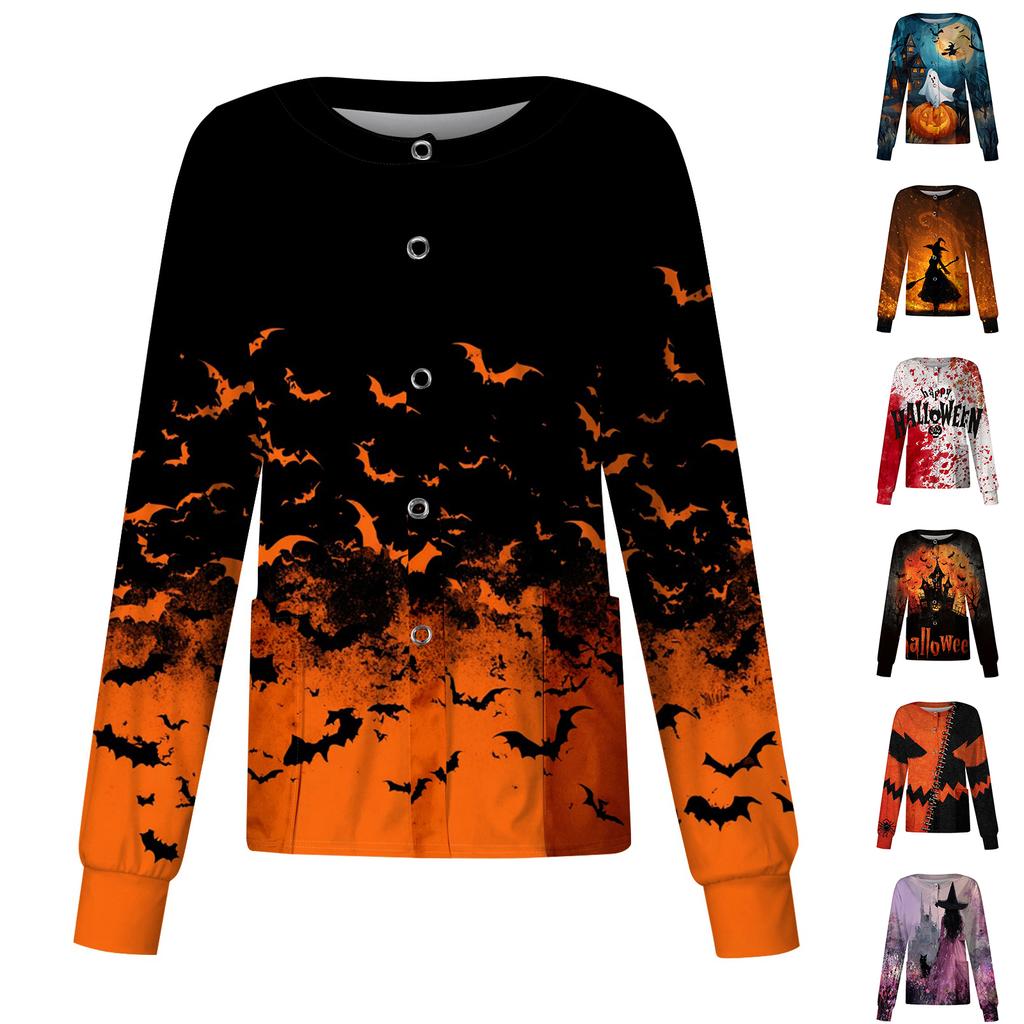 Women's Casual Long Sleeve Single-Breasted Cardigan with Halloween Print for Caregiver Costume