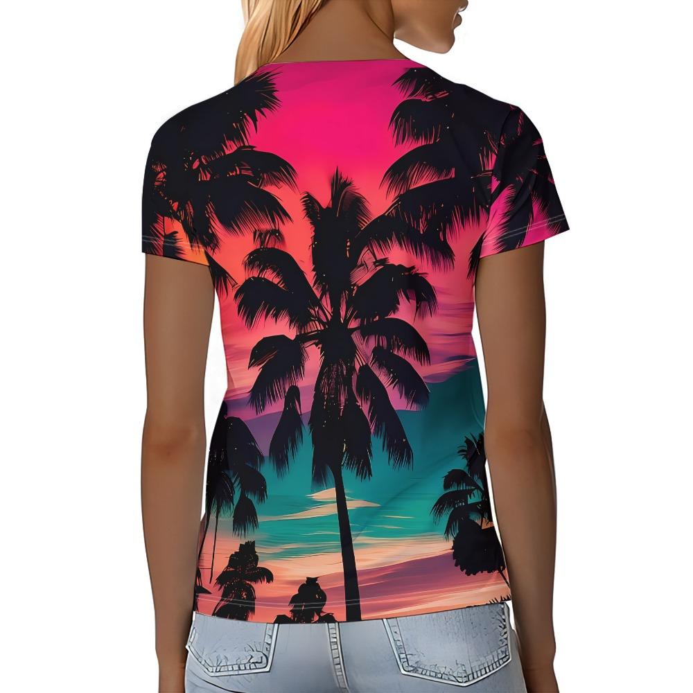 Ladies' Coconut Tree Sunset Printed Short Sleeved T-shirt