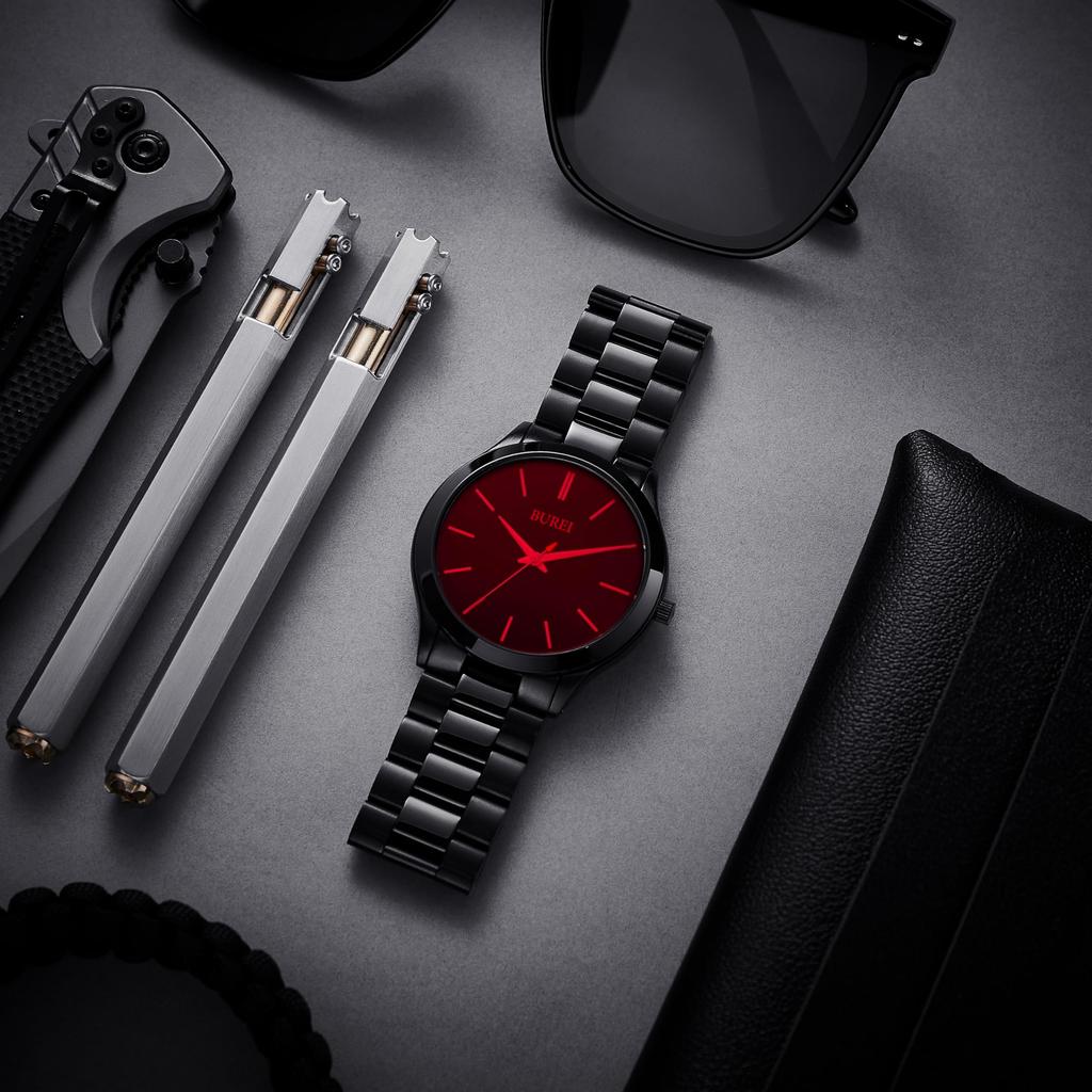 BUREI Analog Quartz Simple and Large Black Popular and Stylish for Business and Red Mineral Glass Men's Watch, Stylish, Waterproof, Dial, Dial,