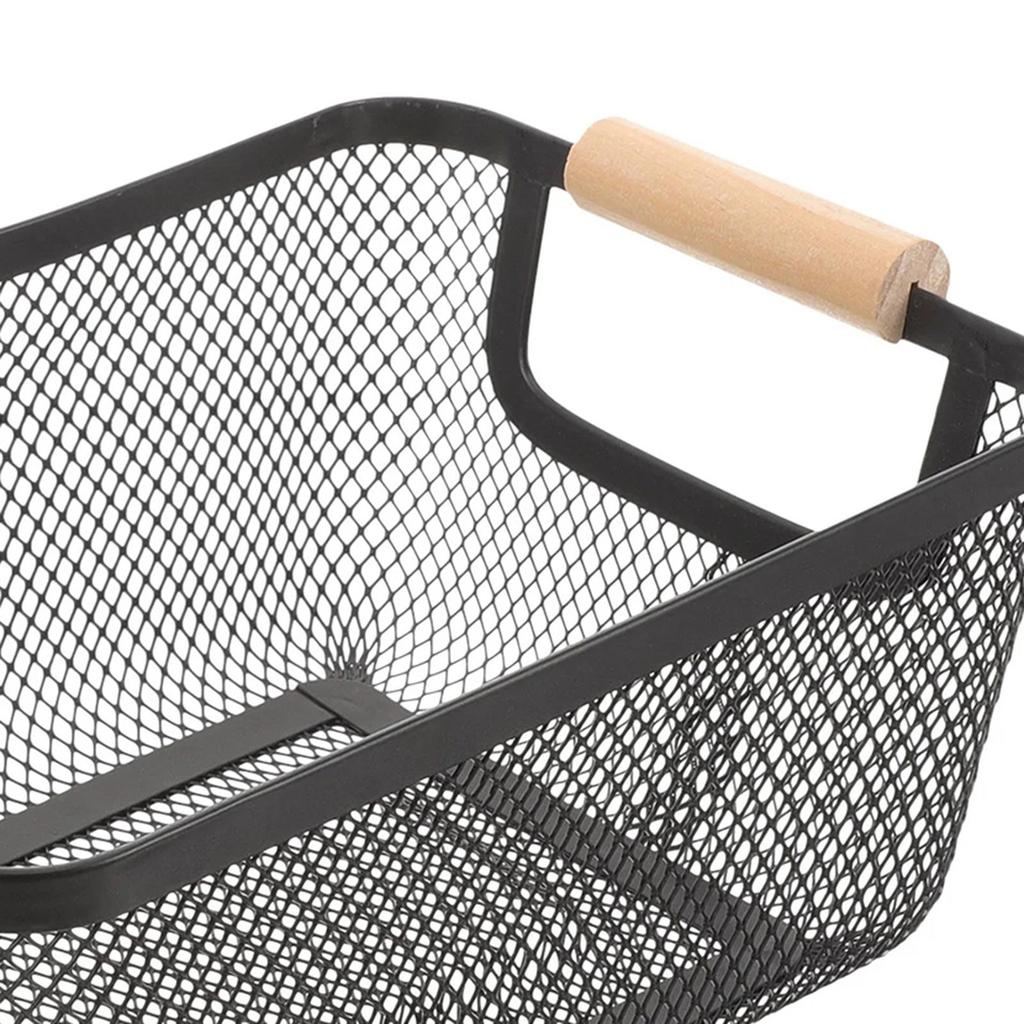 Metal Wire Bin Basket with Wooden Handle Container Multifunctional Kitchen Organizer Fruit Basket for Home Office Lightweight