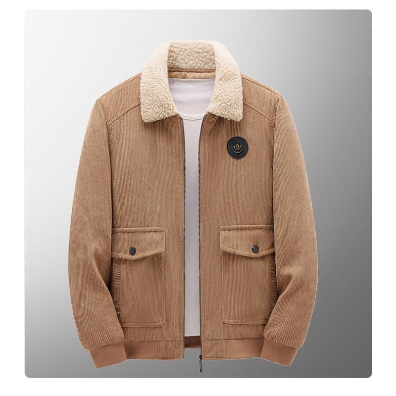 Autumn/Winter Men's Corduroy Lambskin Jacket, Loose, Thickened, Casual Lapel Men's Coat