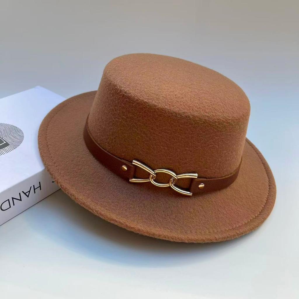 Hat Female British Autumn and Winter Celebrity Retro Versatile Jazz Hat Flat Top Felt Hat Black Wool Top Hat