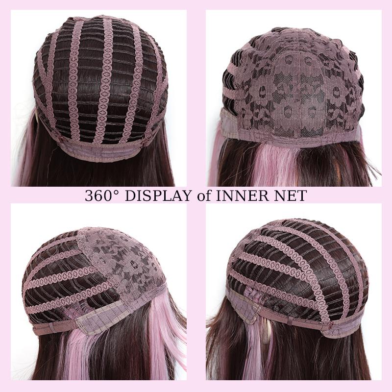 Synthetic Cosplay Wig Pink Highlighted Wig Long Straight Hair with Bangs Heat - Resistant for Women Cosplay & Daily Wear