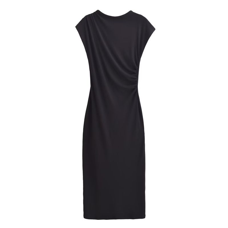 

Kaslead New Arrival Women s Clothing Fashion Style Ruched Decorative round Neck Elegant Midi Skirt Dress 1044626 Black L