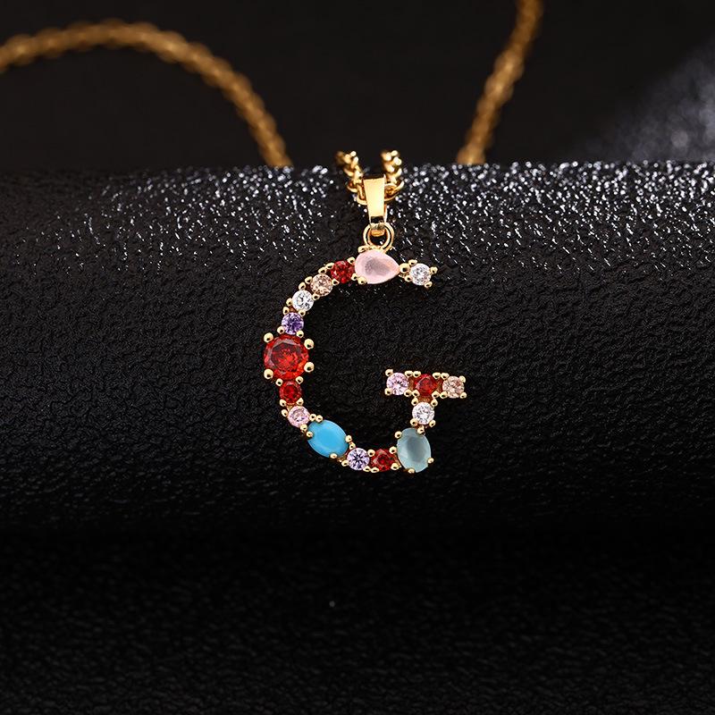 Colier de cupru pentru femei, cu 26 de litere, cu zircon colorat, agat și lanț din oțel inoxidabil