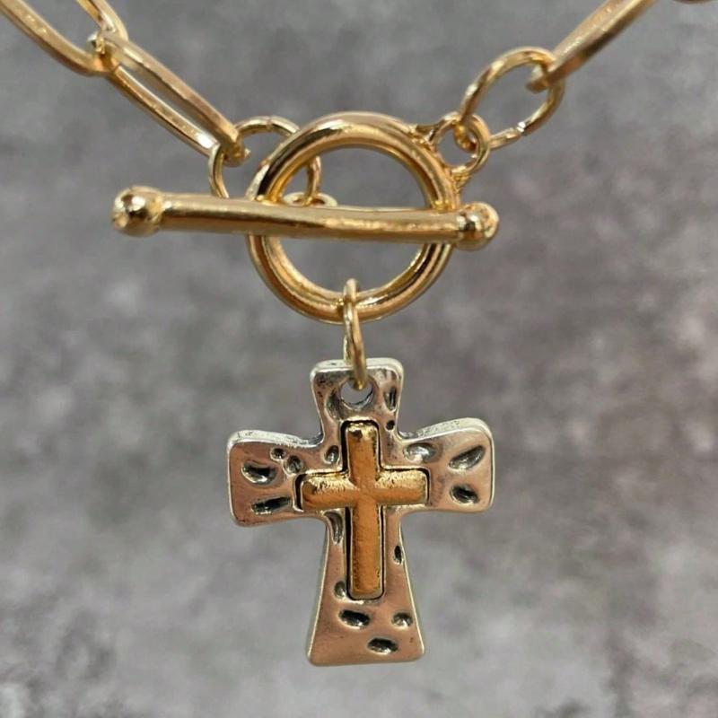 1PC Retro Boho Cross Pendant Necklace Chunky Statement Pendant Necklace for Women Unique Silvery Golden Chain Necklace Religious Christian Cross