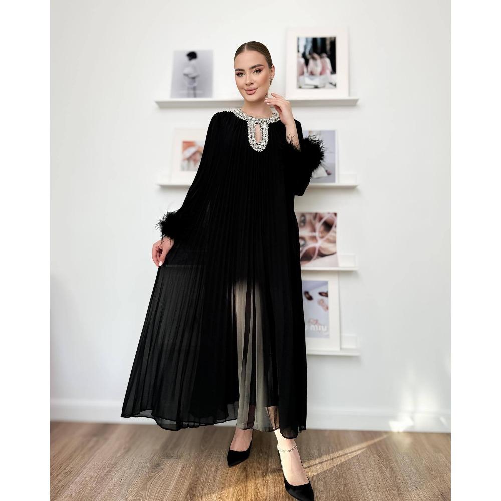 Autumn New Elegant Solid Color Dress Round Neck Diamond Loose Fluffy Splicing Pleated Dress