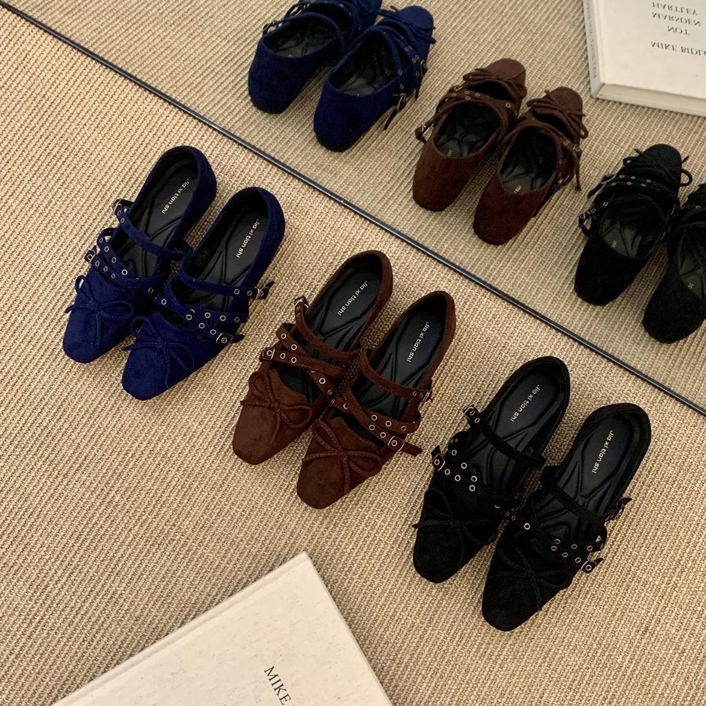 Inner Heightening Retro Single Shoes Square Head Bow Ballet Shoes Women's Shoes 2025 Spring and Autumn Mary Jane Evening Shoes
