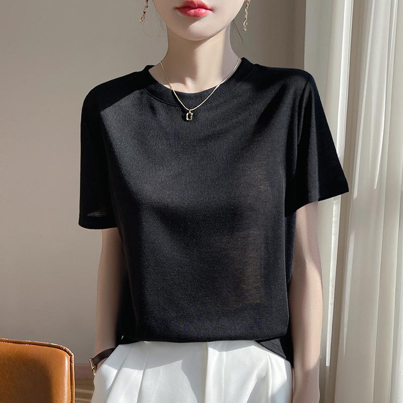 

Short-sleeved T-shirt Women s Crew Neck Solid Color Summer New Bottoming Shirt Loose and Thin Outer Half-sleeved Top XL чорний
