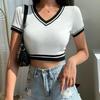 New American Vintage White V-neck Knitted Short Sleeve High Waist Crop T-shirt Women Fashion Top Woman
