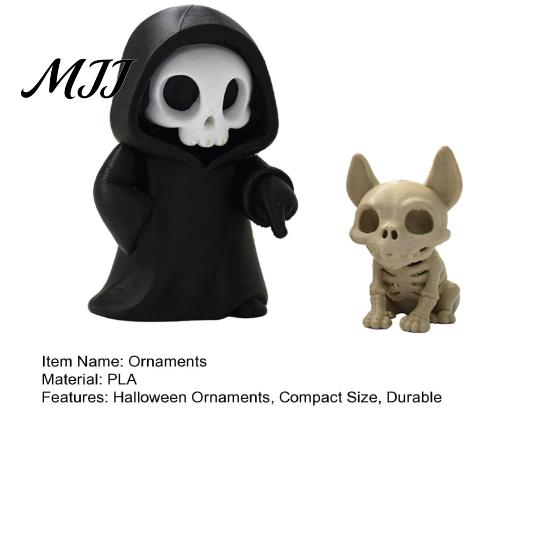 Creepy Cute Skeleton Decor Halloween Ghost with Dog Statues, Gothic Skull Resin Matte Black And Beige Desktop Sculpture Ornaments, 3D Printed