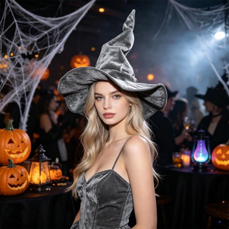 Costume Witch Hat for Halloween Event, Soft Fabric Wide Brims Dressing-Up Hat with Twist Crowns for Themed Performances