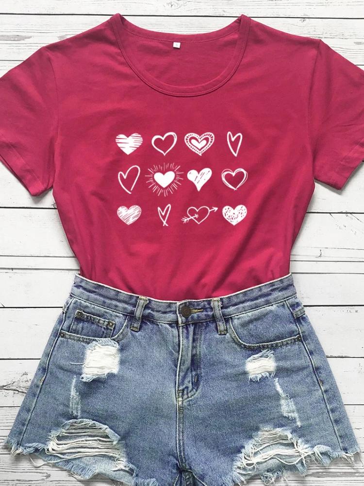 Three Rows Heart Print Women T Shirt Short Sleeve O Neck Loose Women Tshirt Ladies Tee Shirt Tops Clothes Camisetas Mujer