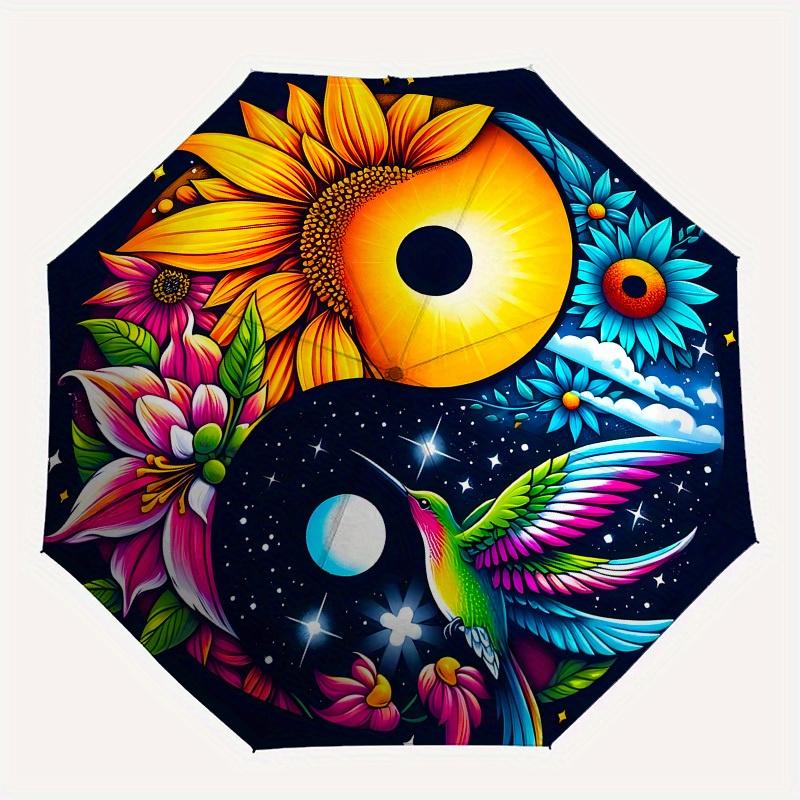 1pc Yin Yang Harmony Flowers Hummingbird Umbrella with Plastic Handle,Suitable for All Seasons Home Travel Outdoor UmbrellaB1610