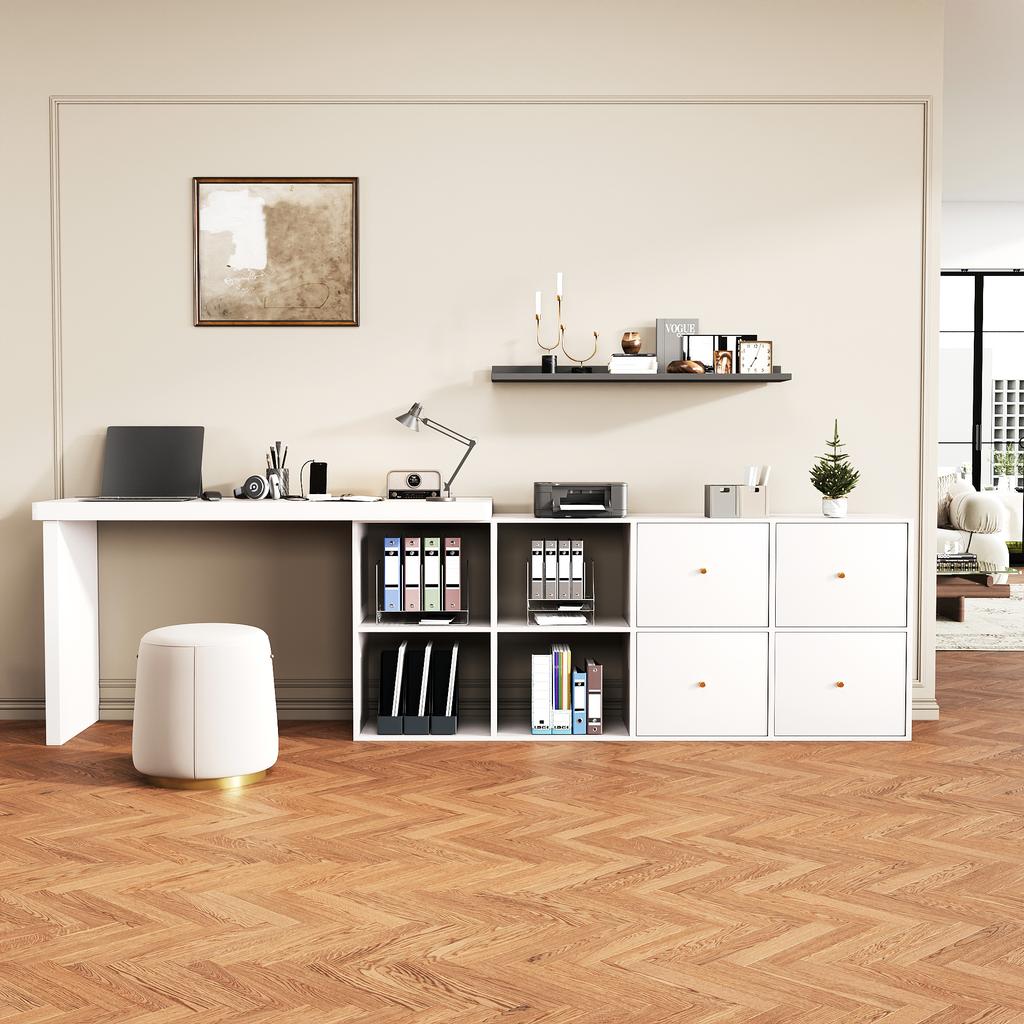 Corner Table, Tabletop 360 Swivel - Can Be Set Up L-shaped or Straight, MDF, Tabletop and Legs Reinforced 4 cm, 4 Compartments, 4 Drawers, White, Desk
