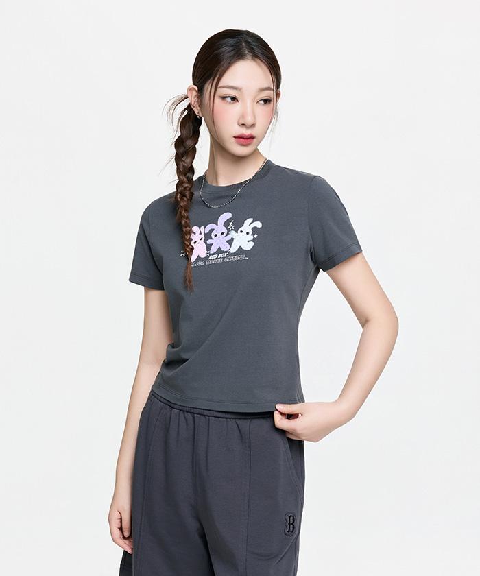 Emelbi Women'S Small Bunny Graphic Slim Semi-Crop Short Sleeve T-Shirt Bos (D.Grey)