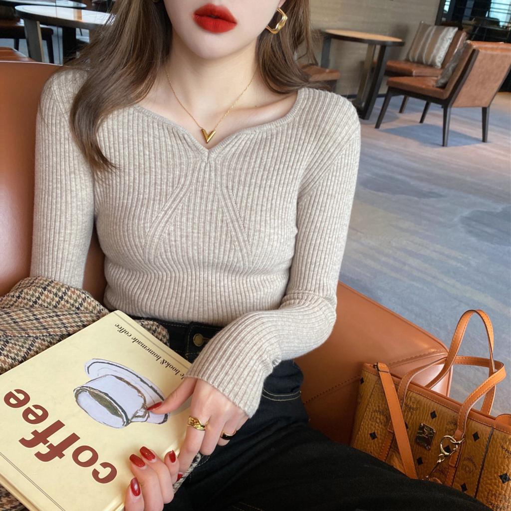 Women Slim V Neck Bottoming Sweater Autumn Winter Women Casual Pullovers Long Sleeve Knit Warm Office Sweater