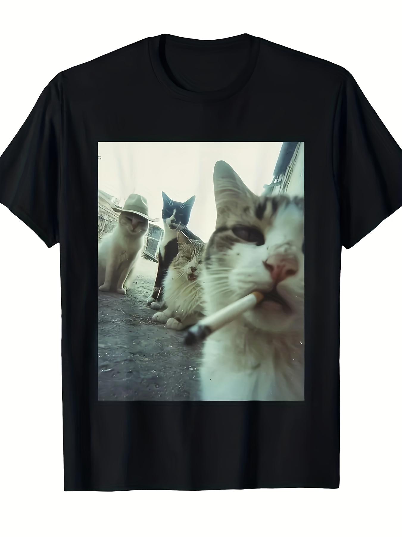 Funny Smoking Cat Graphic T-Shirt Tabby Cat Smoking Cigarette Humorous Retro Style Breathable Summer Tee Fit Short Sleeve S разноцветный