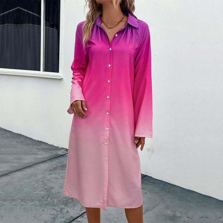 Gradient Color Lace V Neck A Line Midi Dress Single Breasted Women Autumn Winter S розовый